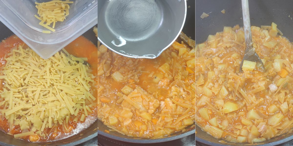 Unire la pasta, aggiungere altri liquidi e cuocere