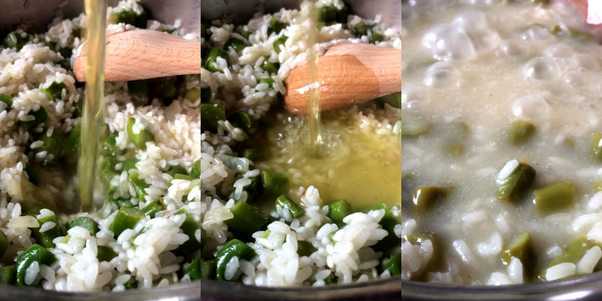 Cook rice by adding hot broth as needed