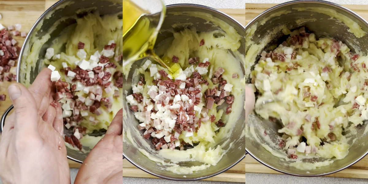 Aggiungere salumi e mozzarella all'impasto per gateau di patate