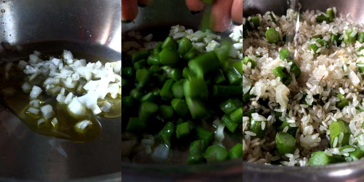 Cuocere asparagi, tostare riso e sfumare