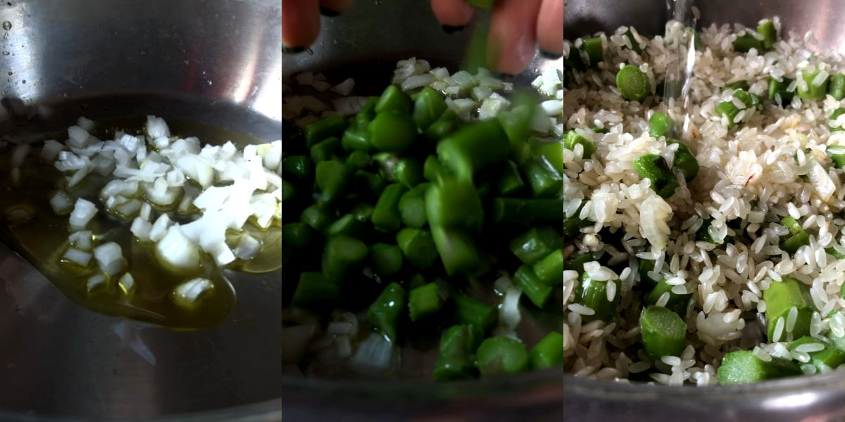 Cook asparagus, toast rice and blend