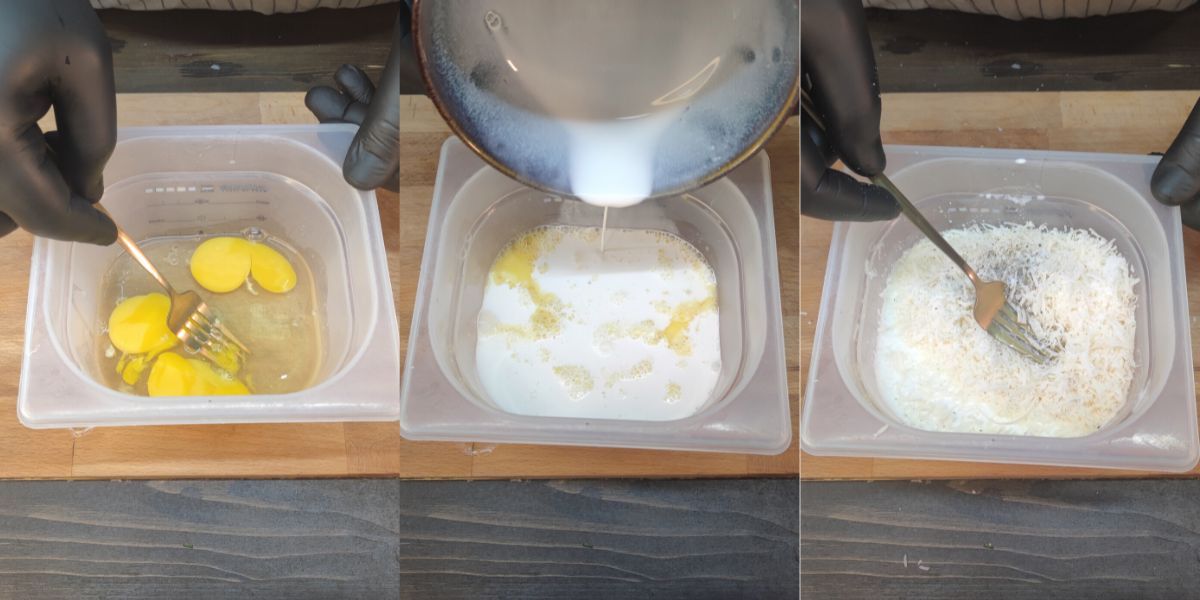 Mescolare uova, panna e formaggio