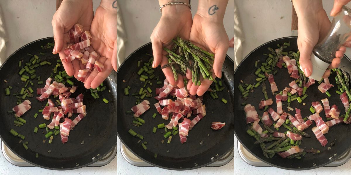 Brown the bacon and asparagus tips