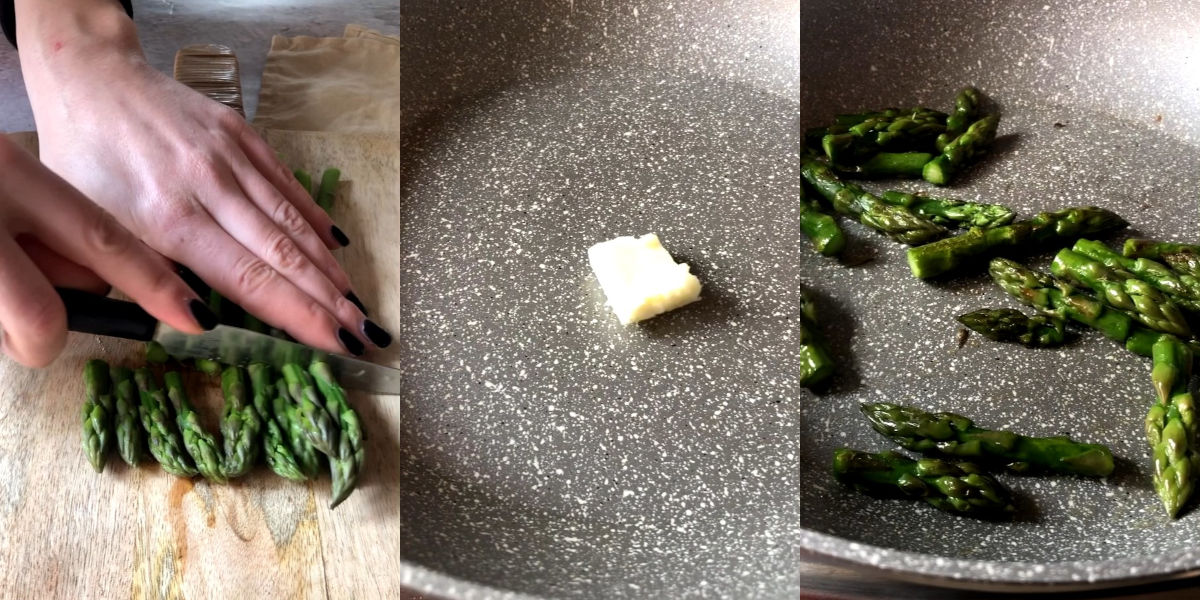 Sauté the asparagus tips in the pan