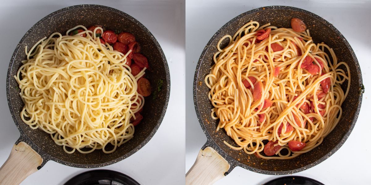 Saltare gli spaghetti nel sugo di pomodorini