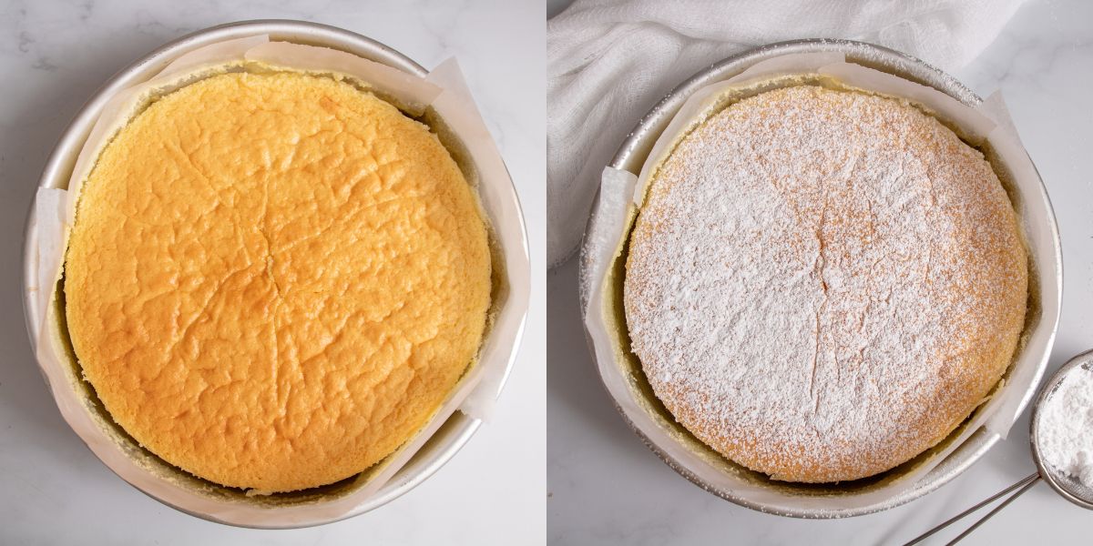 Sfornare cheesecake giapponese e spolverare con zucchero a velo