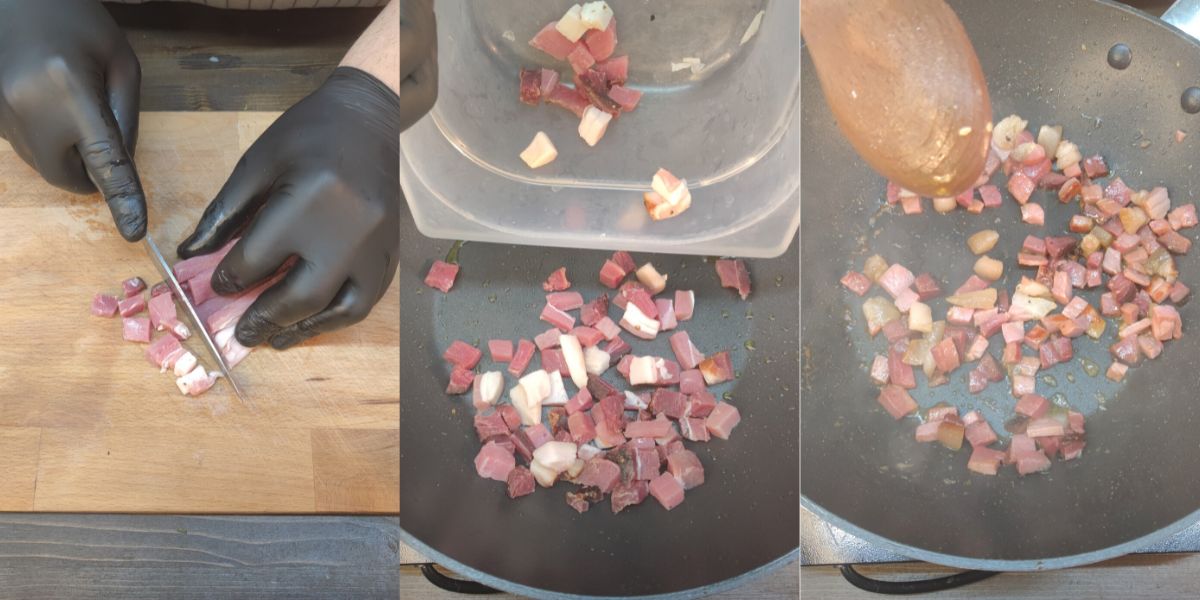 Cut and cook speck in a pan
