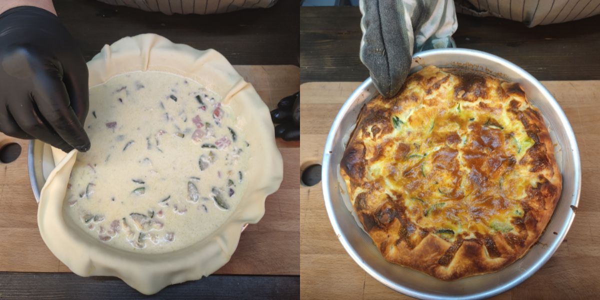 Savory pie with zucchini and speck before and after cooking