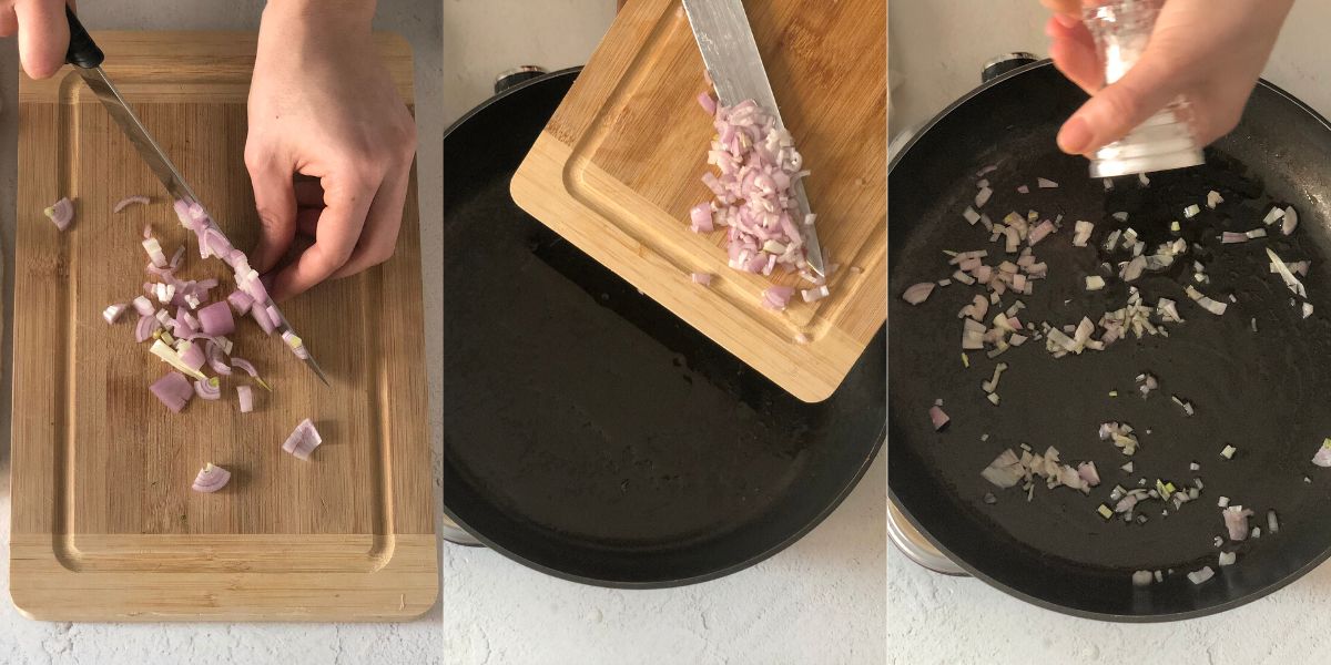 Chop shallots and toast in a pan