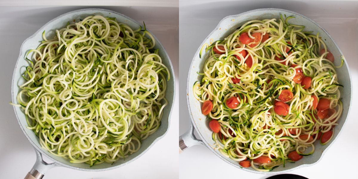 Aggiungere in padella spaghetti di zucchine e cuocere