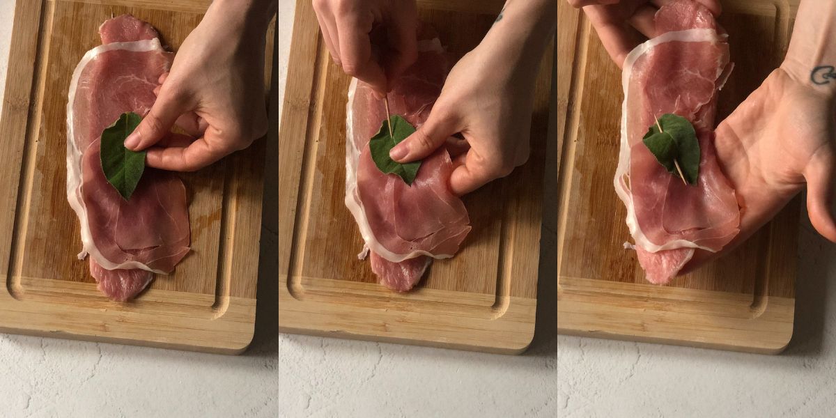 Prepare the slices of meat with ham and sage