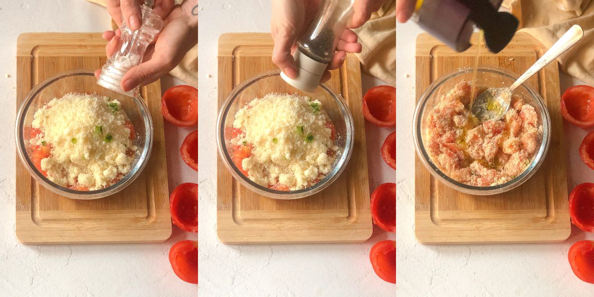 Mescolare e completare farcia per pomodori gratinati