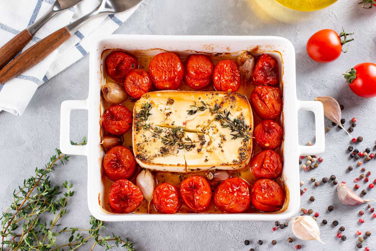 Feta with cherry tomatoes in an air fryer