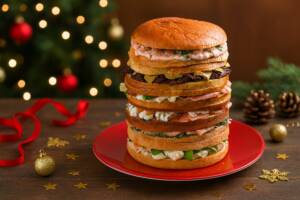 Panettone gastronomico farcito a strati su piatto di Natale