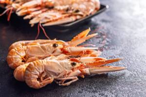 Scampi freschi su piano di lavoro scuro