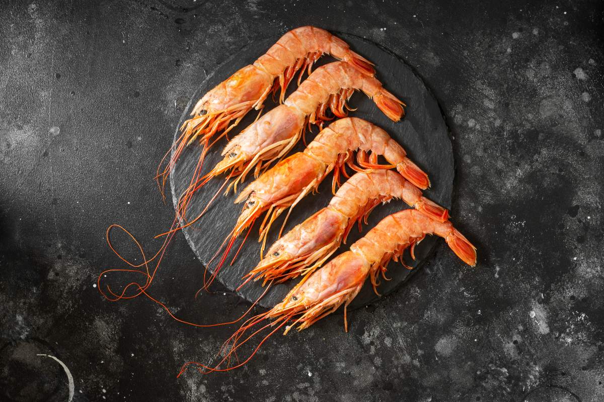 Vista dall'alto di scampi crudi