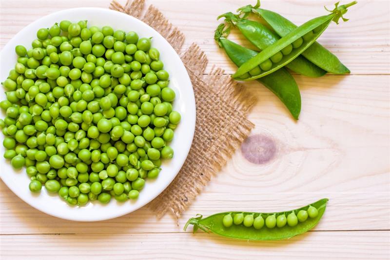 Piatto con piselli freschi appena sgusciati e altri ancora nel baccello