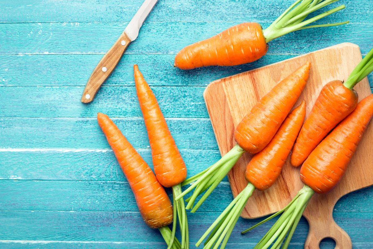 Carrots with top view on wooden cutting board with knife.