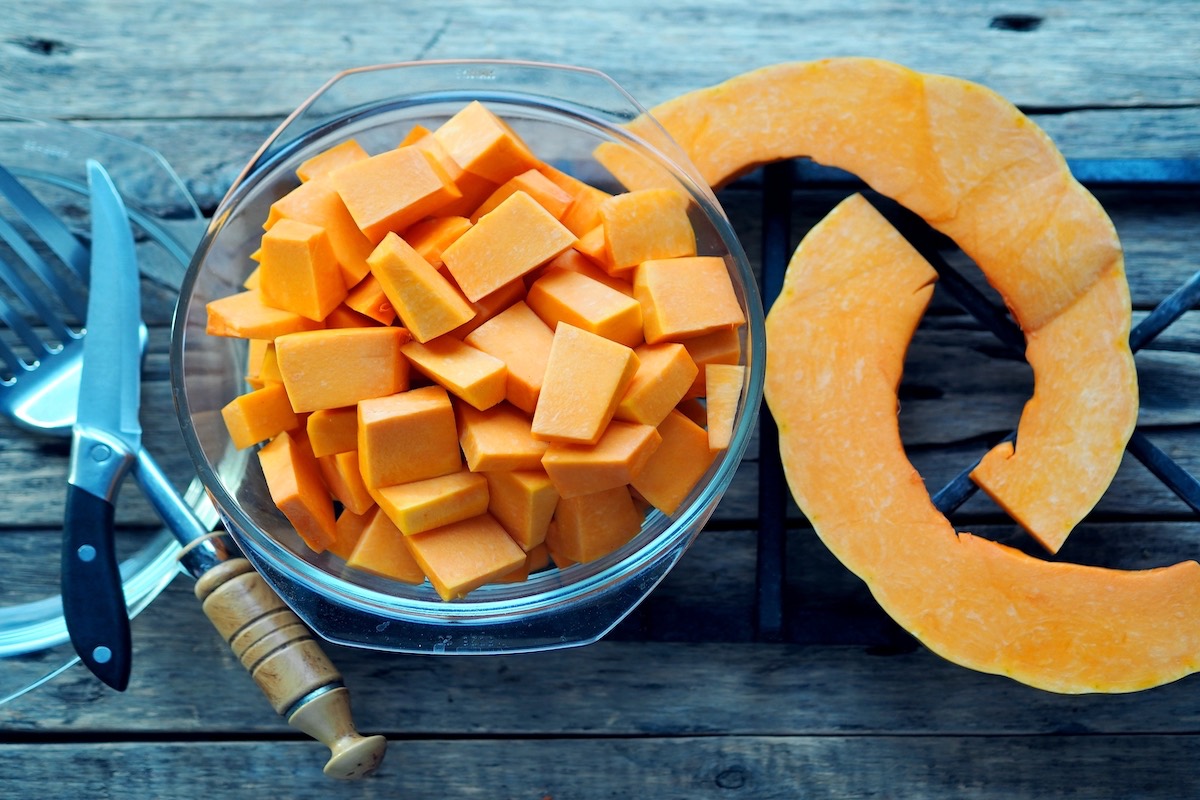 Pieces of pumpkin to cook in a pan