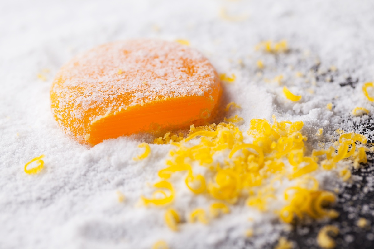 Hardened egg yolk marinated for 14 days in salt and sugar