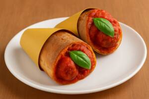 Cuzzetiello con polpette al sugo e foglia di basilico