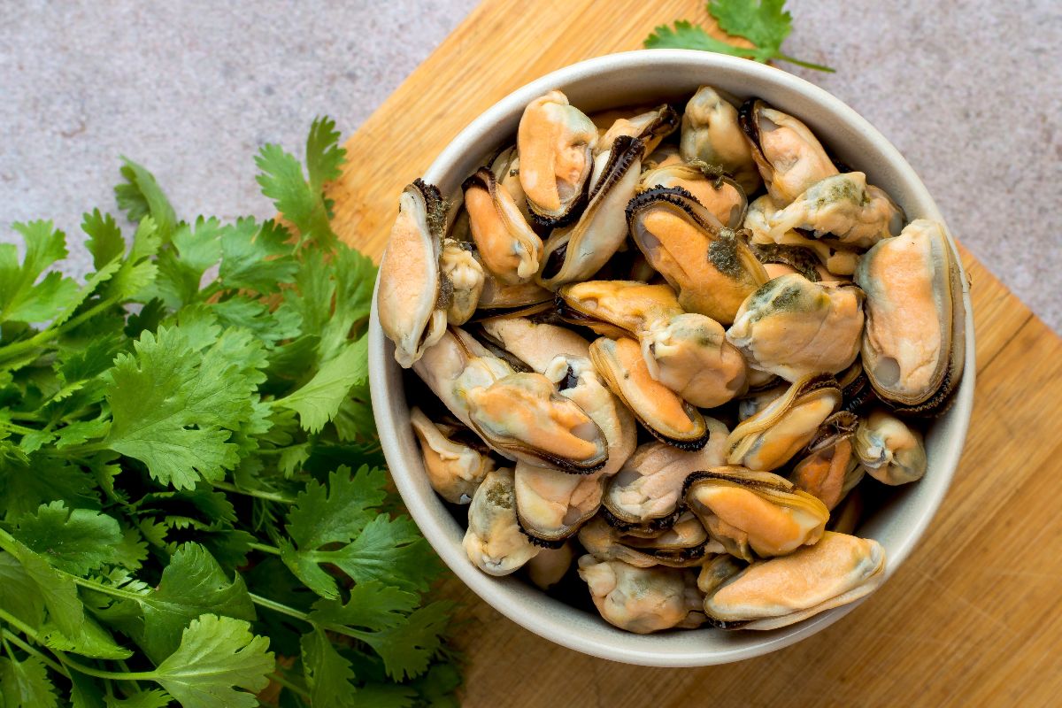 Cozze cotte e private del guscio in ciotola con vicino ciuffo di prezzemolo