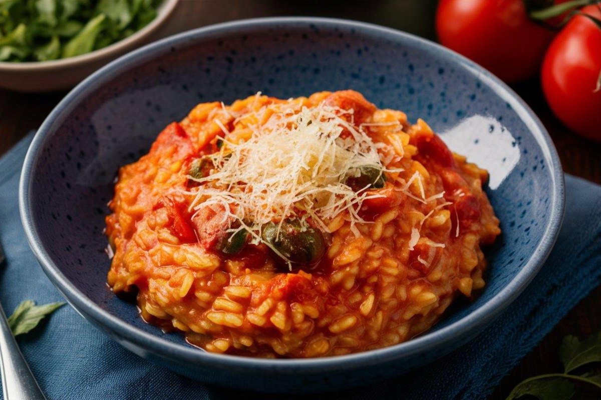 Piatto di risotto al pomodoro con melanzane e formaggio
