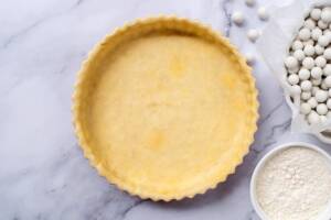 Vista dall'alto stampo per crostata rivestito con pasta brisée