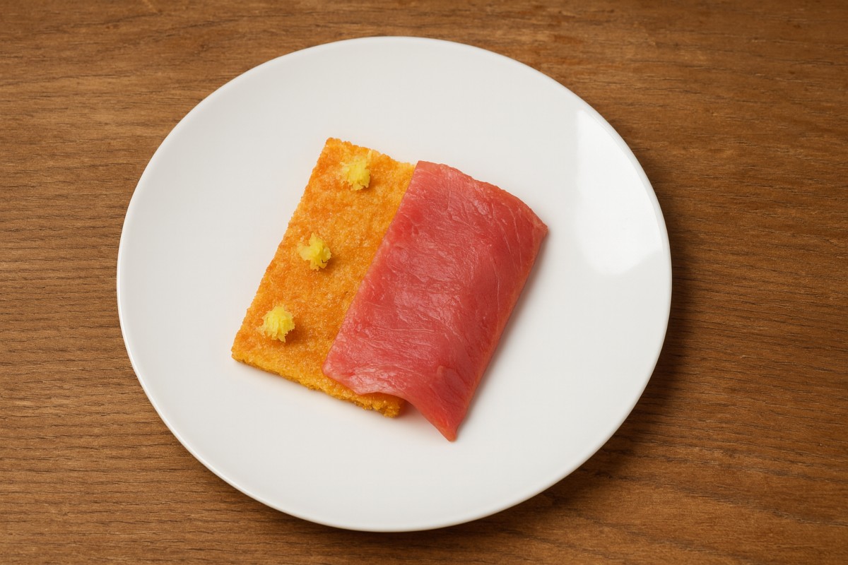 Vista dall'alto fetta di pane fritto e carne di manzo cruda