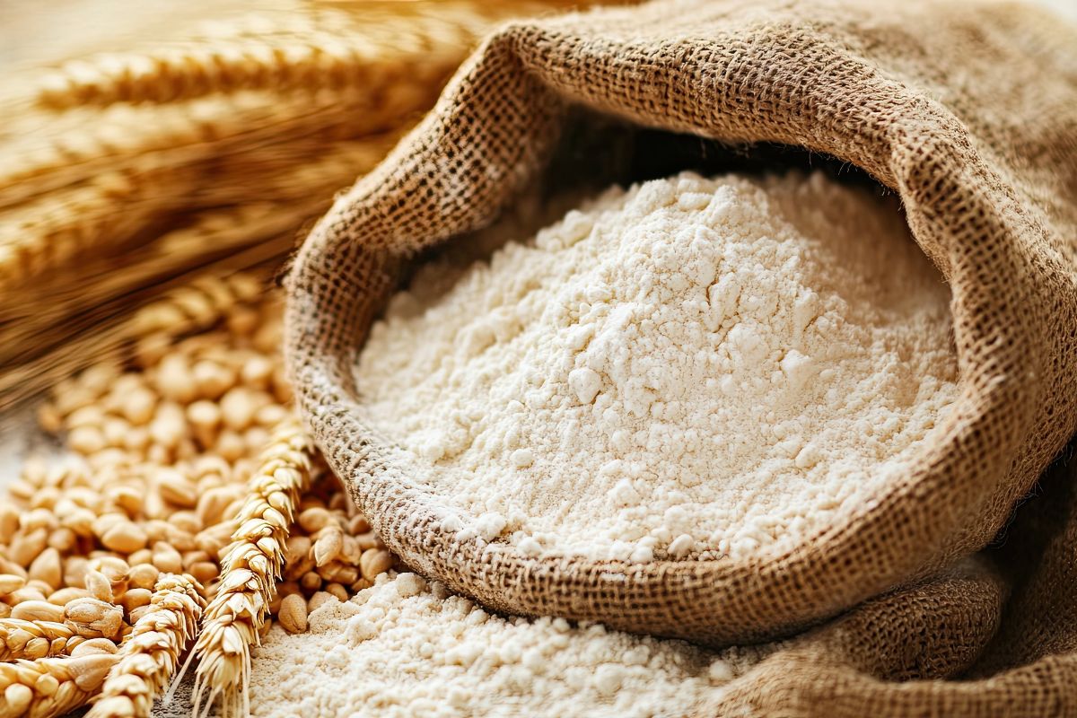 Sacchetto colmo di farina bianca.
