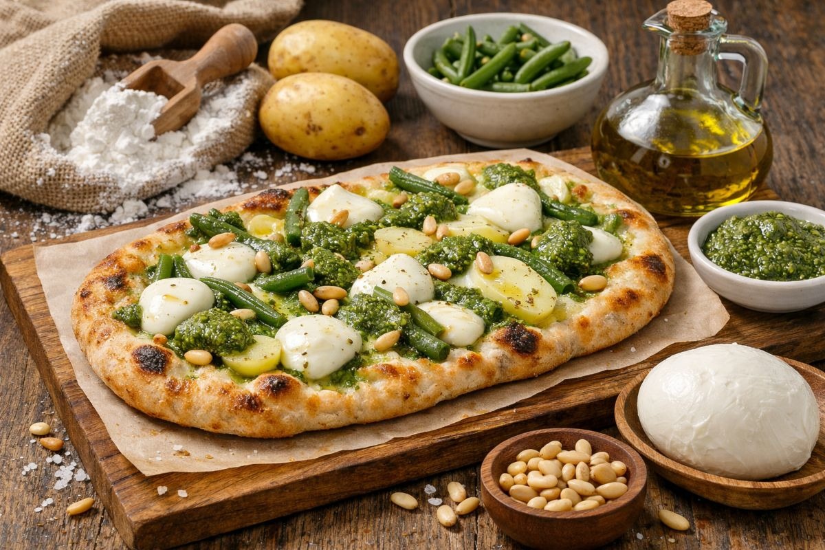Pinsa con formaggio, fagiolini, patate e pesto su tagliere di legno con attorno ingredienti