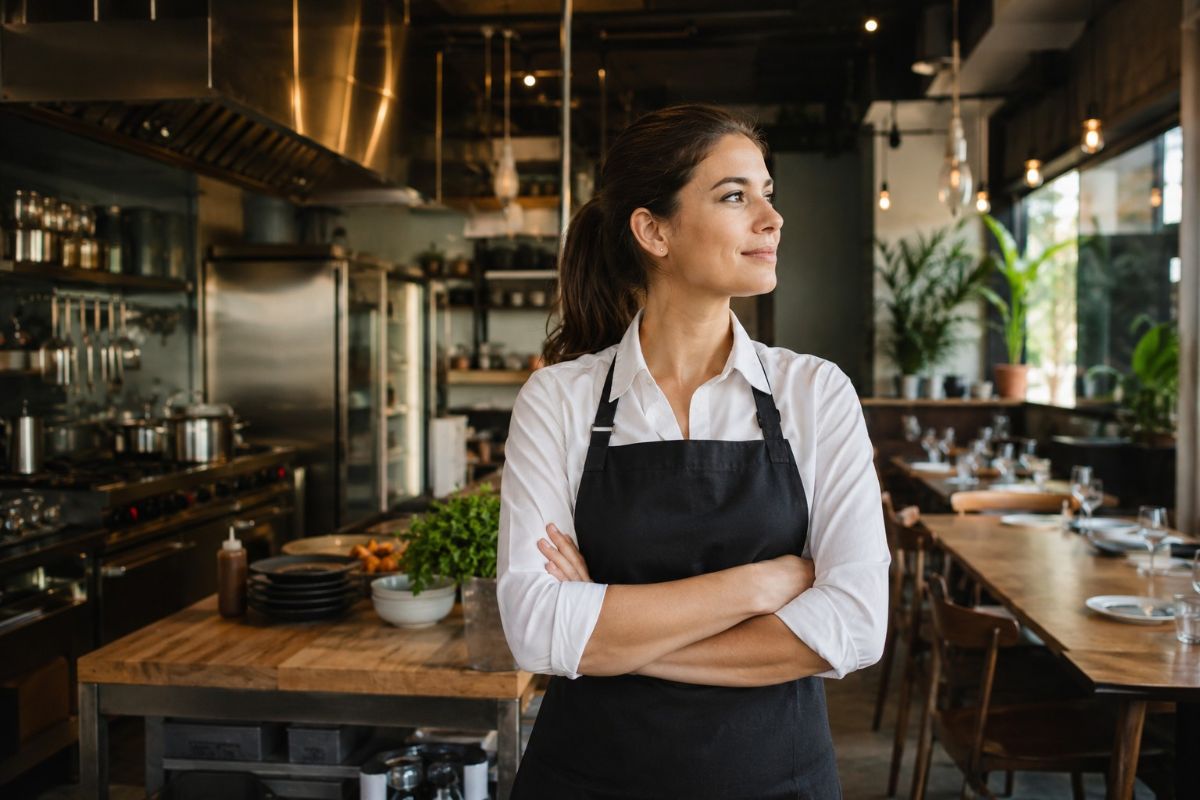Una ragazza in primo piano con le braccia conserte davanti al suo ristorante.