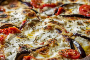 Pizza di melanzane con pomodoro, mozzarella e origano